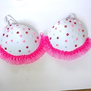 White and Pink Heart Embellished Bra